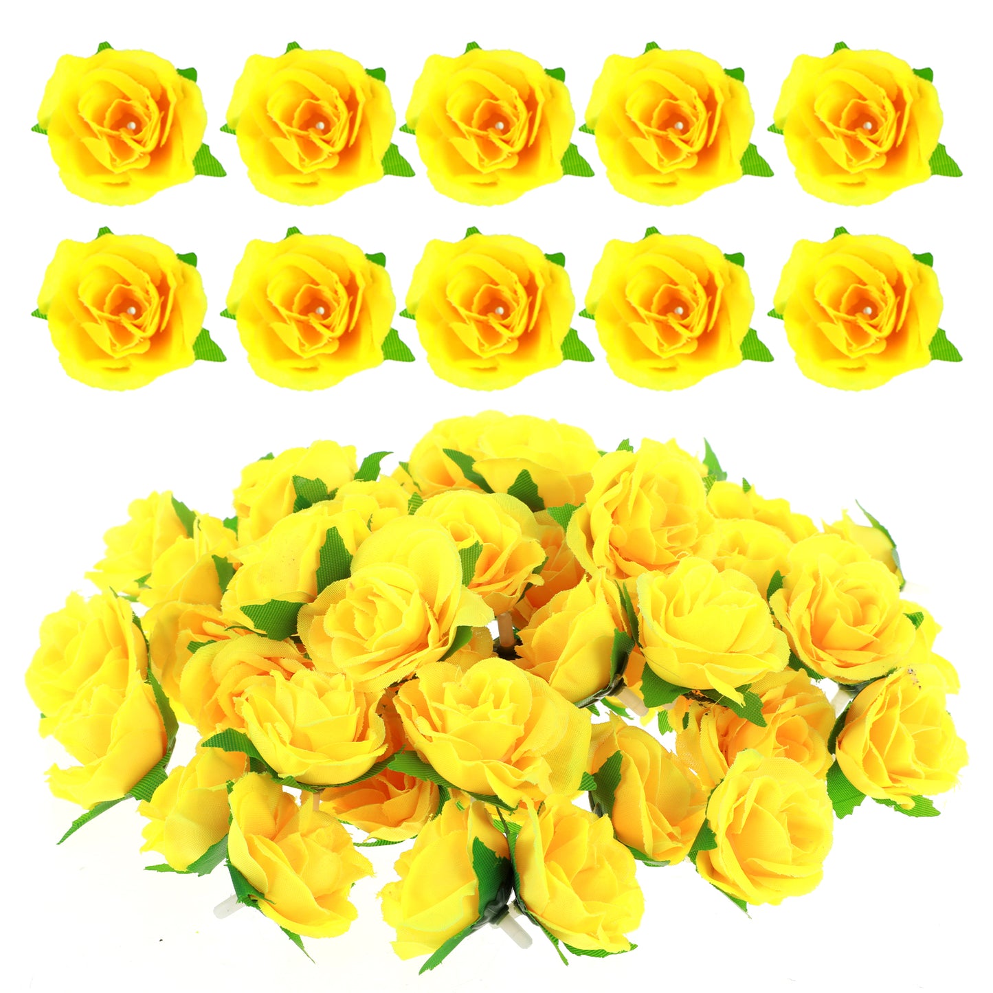 Zyghjort 50pcs Mini Yellow Roses Buds Artificial Flowers, 1.6 Inch Artificial Roses Flower Heads Small Real Silk Fake Rose Flower Heads for Decoration, Crafts, Wedding Party Home Decor