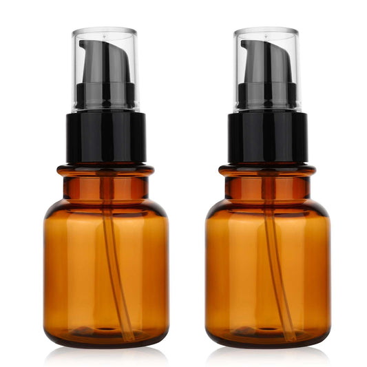 2PCS Amber Plastic Bottles with Pump Dispenser 80ML/2.7OZ 50ML/1.7OZ Refillable Cosmetic Remover Oil Container Makeup Case Storage Reusable Facial Care Vessel Emulsion Dispenser for Essence Body Wash