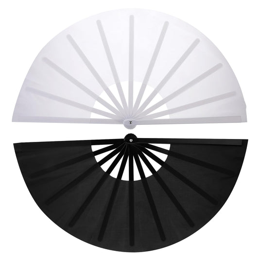 2 Pcs Hand Fan Folding Large Foldable Rave Fan Chinese Kung Fu Tai Chi Fan Performance Decorations Hand Held Fan for Festival Dance Party (Black and White)