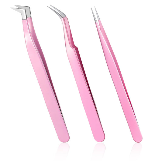 3 PCS Lash Extension Tweezers, Straight and Curved Eyelash Tweezers, Stainless Steel Lash Clusters Tweezer for Eyelash Extension Applications