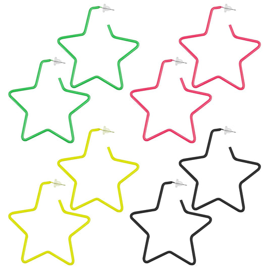 KALIONE 4 Pairs Neon Star Hoop Earrings Set, 80s 90s Party Big Hoop Earrings Retro Acrylic Geometric Earrings Multicolor Star Hoop Earrings Costume Accessories Jewelry Gifts for Women Girls