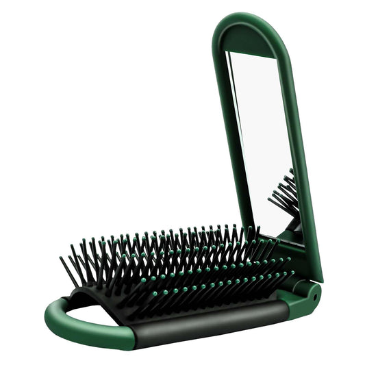 Folding Hair Brush with Mirror, Compact Travel Brush Pocket Size Hairbrush Small Foldable Brush with Ball Tip Nylon Bristle Mini Portable Hair Comb for Locker,Car,Handbag,Gym, Trip, Purse(Green)