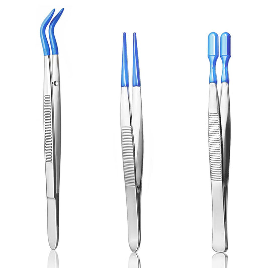 3 PCS Tweezers with Rubber Tips PVC Coated Set Precision Rubber Straight Flat Tip Long Bent Tweezers for Crafts Stamps Beads Jewelry, Blue