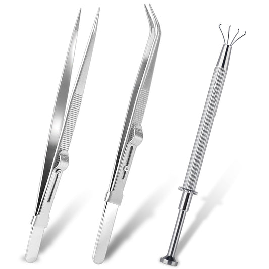 Piercing Pliers for Balls, 3 Pieces Diamond Locking Pins, Stainless Steel Jewellery Tweezers Kit, Diamond Holder, Pick Up Tool, Angled Gemstones, Grabber, Prong Claw, Tweezers for Stone, Beads,