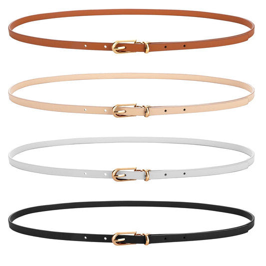 4 Pack Women Skinny Belts Waist Belt with Gold Buckle 0.4 Inch Width Thin Skinny Ladies Leather Belt for Jeans Dress Pants (White, Champagne Color, Dark Brown, Black)