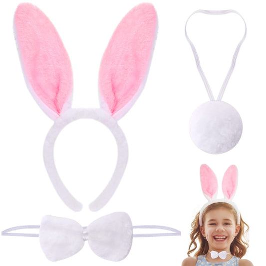 Vin beauty 3Pcs/Set Bunny Ears and Tail, Plush Rabbit Ears Headband Bow Tie and Tail, Bunny Accessories Set, Easter Bunny Ears Headband, Rabbit Bunny Headband Costume Accessory (White & Pink)