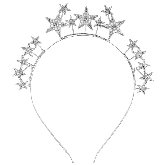 Halo Crown Headband Star Rhinestone Hair Band Gold Headband Party Rhinestone Star Crown Headbands, Bridal Headband, Star Headband for Girls, Hair Accessories for Wedding(Silver)
