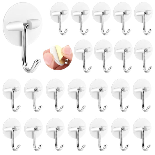 24 Pcs White Small Adhesive Hooks Hanging Wall Hooks Round Plastic Hooks Ceiling Small Self Stick Hooks Seamless Self Sticky Hook Stainless Hooks Waterproof Oil Proof for Kitchen Hanging Utensils