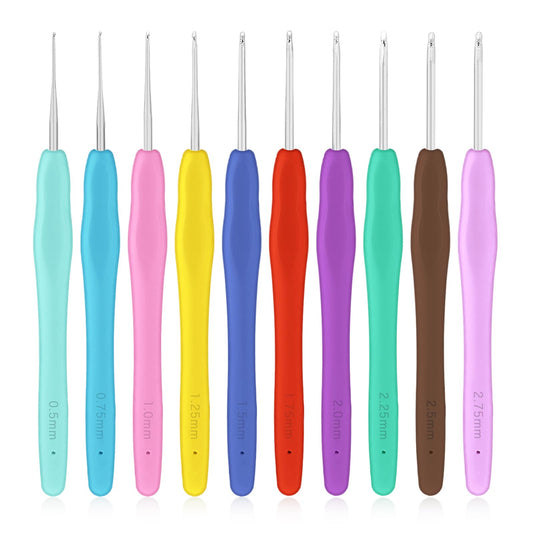 10 Small Crochet Hooks Set, Knitting Needles 0.5mm/0.75mm/1mm/1.25mm/1.5mm/1.75mm/2mm/2.25mm/2.5mm/2.75mm Ergonomic Handle Crochet Hooks for Lacework