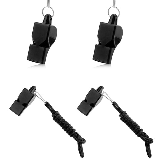 Pack of 4 Black Whistle with Lanyard, Loud Emergency, Loud Clear Sound, Referee Whistle, Plastic Whistle for Lifeguards, Trainers, Self-Defence and Sports