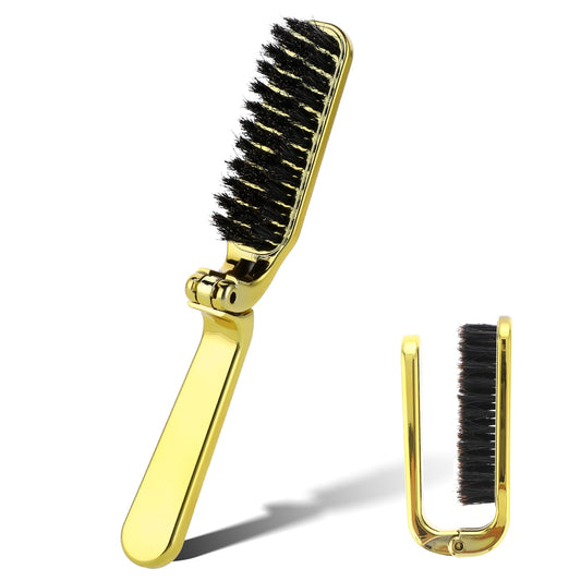 Mini Boar Bristle Hair Brush, Small Folding Hairbrush Collapsable Travel Size Hair Brush Anti-Static Range Hair Brush for Women, Portable Pocket Comb Hair Styling Tool,Beard Brush for Men (Gold)