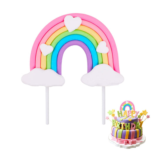 Rainbow Cake Topper, Cute Colorful Cloud and Heart Rainbow Cake Decoration Natural Sky Theme Party Decorations Soft Pottery Cake Decoration Supplies for Boys Girls Happy Birthday Party Wedding