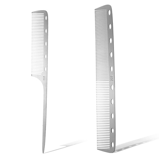 2PCS Metal Comb, Combs for Men Silver Rattail Comb Stainless Steel Teasing Comb Anti Static Barber Comb Heat Resistant Styling Comb Hair Combs for Styling Professional Rat Tail Combs for Parting