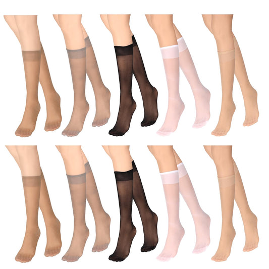 10 Pairs Sheer Knee High Stockings for Women, 5 Colors Nylon Pop Socks Ladies Knee High Socks with Reinforced Toe Elastic Soft Nylon Socks Thigh High Stockings Sheer Trouser Socks Plus Size