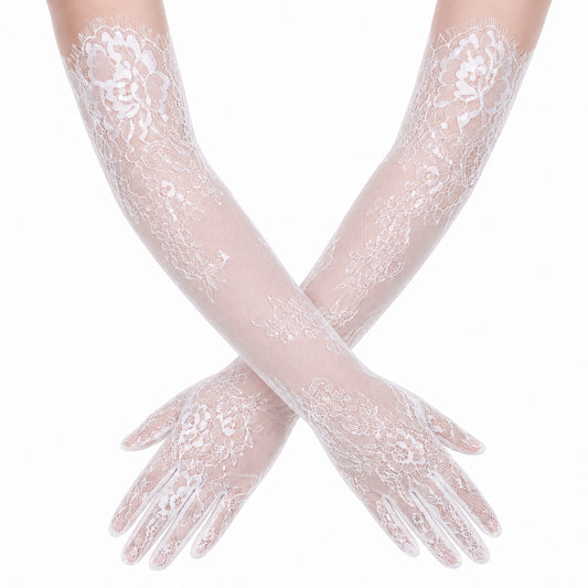 Eldraqth Lace Gloves Women, Floral Elbow Mesh Tulle Sheer Wedding Gloves