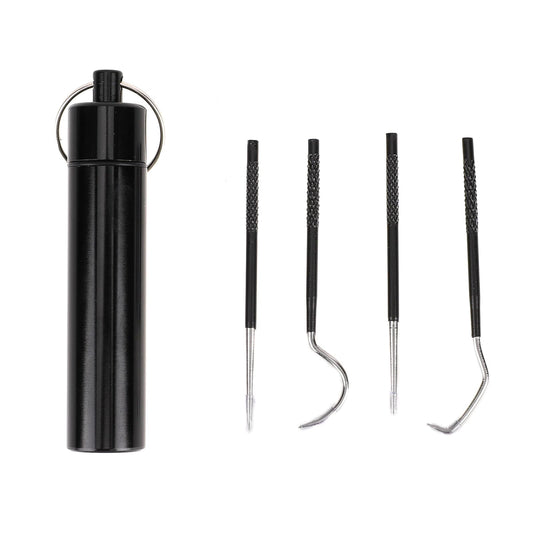 Reusable Metal Toothpick Kit, 5 PCS/Set Portable Stainless Steel Straight and Curved Toothpicks with Aluminium Holder Dispenser Keychain Tooth Cleaning Tools for Travel Outdoor Picnic Camping Pocket