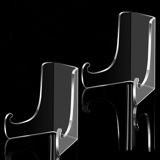 2 Pieces Acrylic Display Stands, Plate Stands for Display Clear Plate Stand with Deep Support Shelves Small Plate Stand Display Stand for Display Card Holder Photos Frame Picture Magazine Book Phone