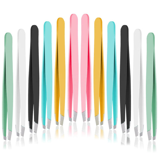 12 PCS Eyebrow Tweezers, Tweezer for Women Facial Hair Stainless Steel Double Sided Tweezer Precision Slanted Tweezers for Lash Extension Men Brow Ingrown Hair Removal(Multicolor)