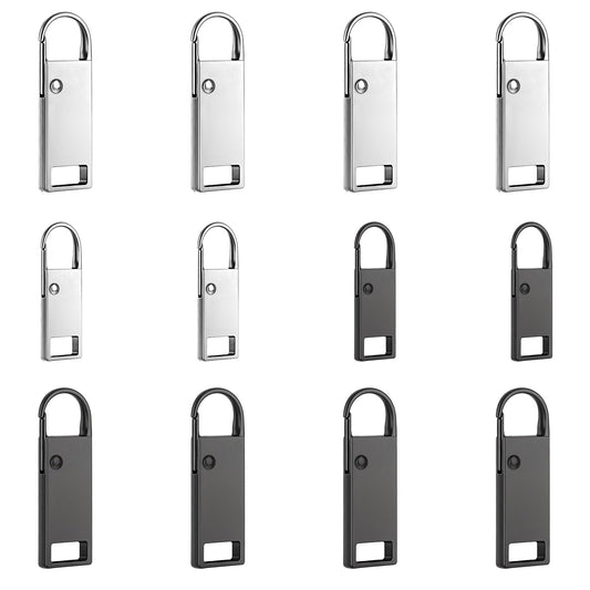 12 Pcs Zipper Pull Replacement Upgraded Extended Detachable Zipper Pull Tabs Zipper Tab Repair Metal Zipper Handle Mend Fixer for Shoes Luggage Suitcases Bag Jacket (2 Size, Black and Silver)