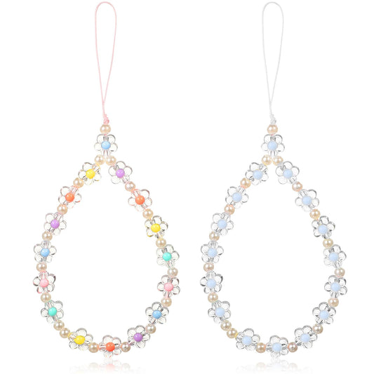 2 Pcs Flower Phone Charms Strap Y2K Cute Phone Charms Blue Beaded Phone Keychain Pearl Phone Lanyards Beaded Camera Wrist Strap Anti Lost Phone Chain Keychain Phone Beaded Phone Strap Charm for Women