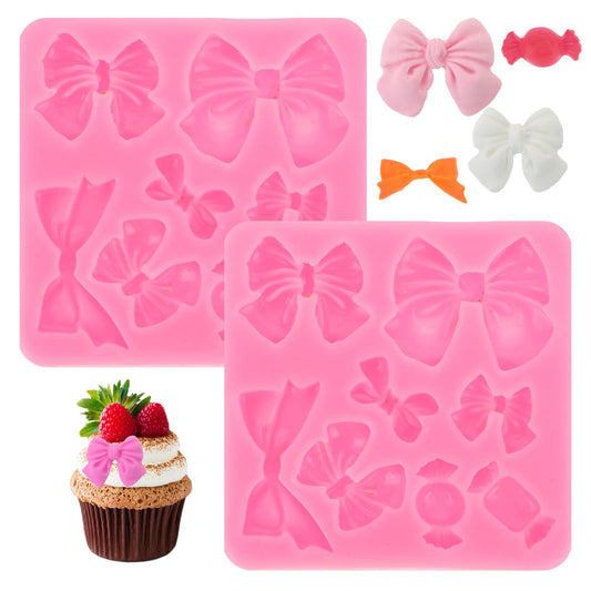 Mozeat Lens Pack of 2 Pink Fondant Moulds, Bows Chocolate Mould, Mini Silicone Mould, Bowknot Cake Pop Mould, DIY Baking Cake Decorating Tools for Sugarcraft, Cupcake Topper, Craft Projects Baking
