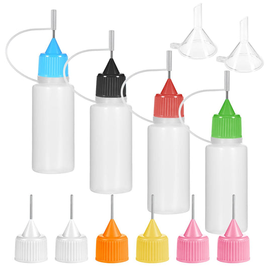 Qulkws 4Pcs Precision Tip Applicator Bottle with 2 Funnel Multicolor Lids, 15ml Glue Bottles with Fine Tip, Glue Dispenser for DIY Quilling Paper Craft Painting