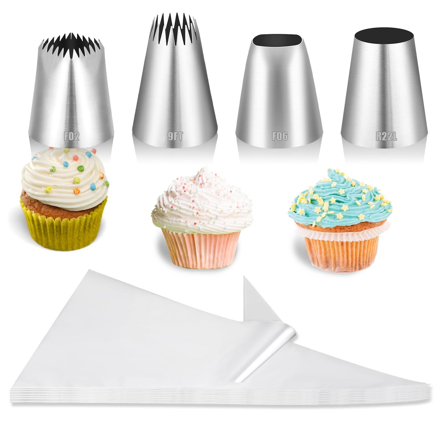 Piping Bags and Tips Set, 20Pcs 18 Inch Pastry Bags with 4pcs Stainless Steel Piping Tips for Cakes Decorating (R22L,F06,9FT,F02)