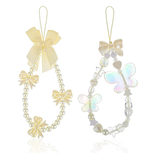 2 Pack Beaded Phone Bracelet Strap Phone Charms Strap Colorful Acrylic Butterfly Imitation Pearl Phone Charm Wrist Strap Handmade Mobile Phone Chain for Women Girls Anti-Lost Beaded Phone Lanyard