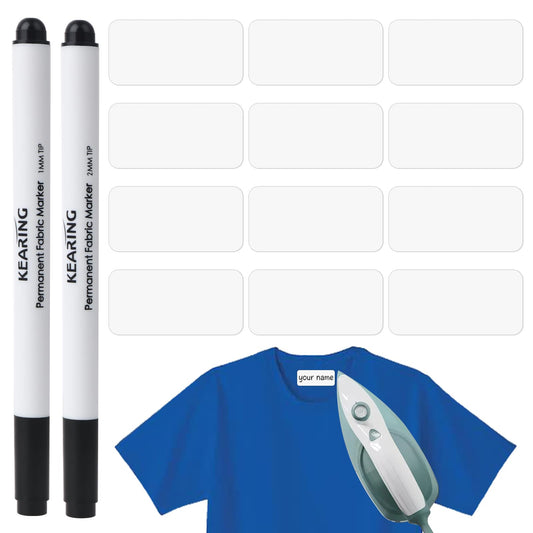 100 Pieces Blank Labels for Clothes,Writable Iron on Labels Personalized Clothing Name Tags with 2 PCS Black Permanent Marker Pen, Washable Labels for Mark Clothes, Bags, Hat