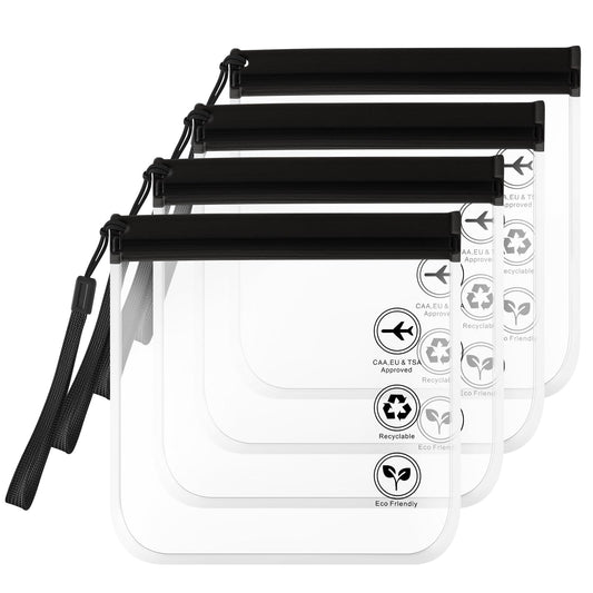 KALIONE 4PCS Clear Travel Toiletry Bags TSA Approved,Waterproof Toiletry Bag 20X20cm Clear Bag Airport See Through Travel Toiletry Bag Portable Liquid Pouches Essentials for Women Men Traveling(Black)