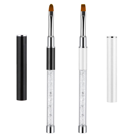 2 Pcs Oval and Flat UV Gel Nail Brush Rhinestone Handle Nail Art Brush Professional Nail Art Tools (Black & White)