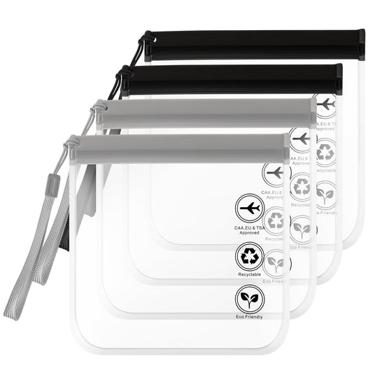 KALIONE 4PCS Clear Travel Toiletry Bags TSA Approved,Waterproof Toiletry Bag 20X20cm Clear Bag Airport See Through Travel Toiletry Bag Portable Liquid Pouches Essentials for Women Men (Black+Grey)