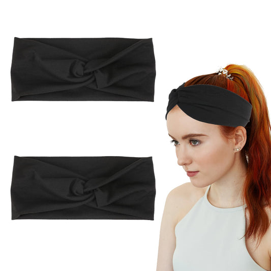 2Pcs Turban Headbands Boho Stretchy Wide Headbands Twist Headbands for Women, Fabric Knotted Cloth Cute Thick Headband Black Turban Head Wraps for Girls Skincare Cleaning Face Makeup Yoga Workout