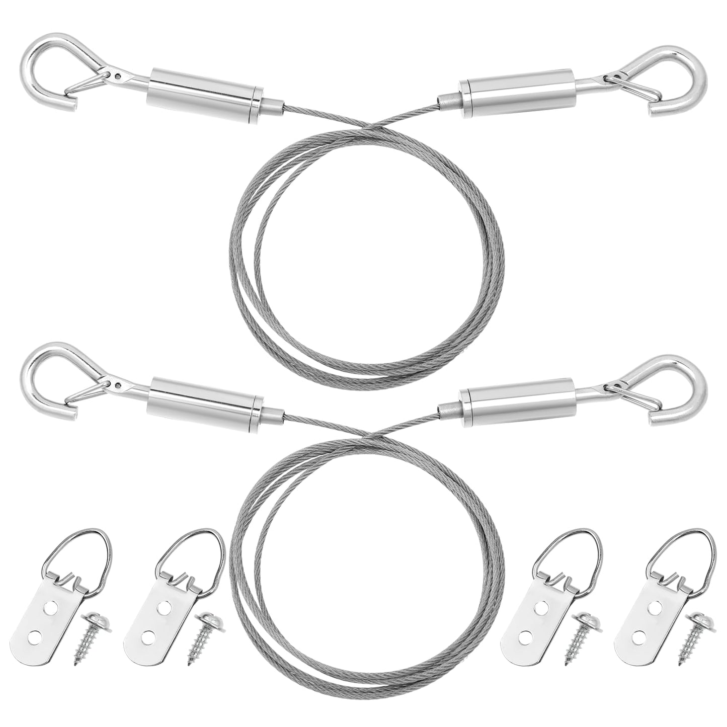 Picture Hanging Cord Adjustable Photo Rope Picture Hanging Set Wire Rope with Eyelets 2 m × 1.5 mm Stainless Steel Rope Hanging Wire with Hooks for Hanging Mirrors, Picture Frames, Light Lam (Pack of