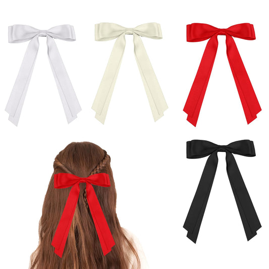 4 Pieces Hair Ribbon Bow Hair Clips Silky Satin Hair Bows for Women, French Barrette Hair Slide Metal Clips Hair Bow with Long Tail Hair Bow Barrettes Clips for Girls Valentines Birthday Gift