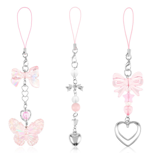 3 Pack Aesthetic Phone Charms Y2K Cell Phone Charms Cute Phone Charm Pink Butterfly Heart Shape Phone Charm for Phone Bag Purse Backpack Camera Decor