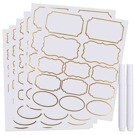 Mozeat Lens Kitchen Labels, 156pcs Clear Labels with Gold Border, Waterproof Bottle Labels, Removable Write-On Sticker Labels for Storage Bin, Food Container
