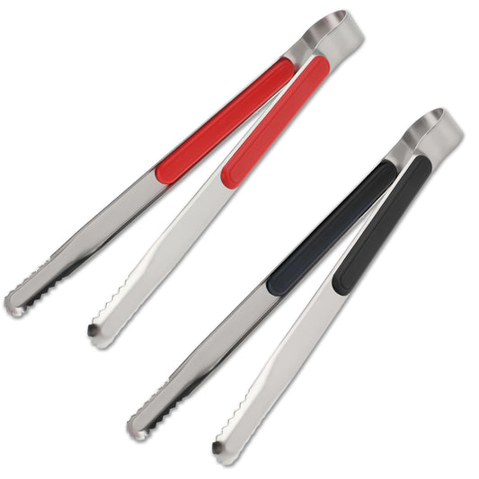 2 PCS Serving Tongs 10 inch Metal Food Tongs Stainless Steel Tongs Kitchen Tongs Set for Cooking with Non-Slip Grip Long Grill Tongs for Barbecue Turning Food Cooking Salad (Black&Red)