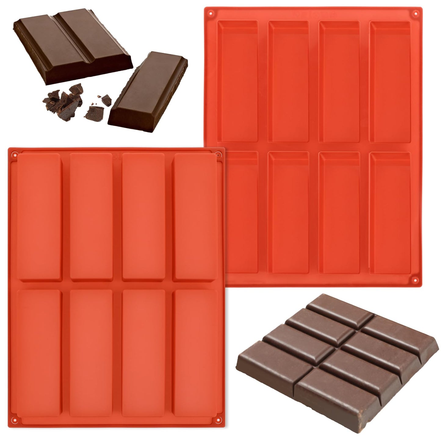 Pack of 2 Chocolate Moulds, Silicone, Rectangle Silicone Mould, 8 Cavities, Non-Stick Chocolate Mould, Energy Bar, Silicone Moulds, Chocolate Silicone Moulds, Baking for Chocolate, Sweets, Jelly, Ice