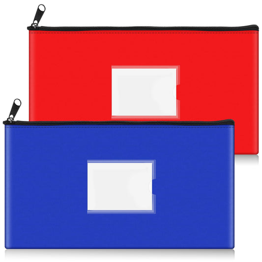 KALIONE 2 Pieces Money Bag, Bank Deposit Bags PU Leather Money Bags with Zipper 11x6.1 Inch Bank Bag Money Wallet Pouches for Cash Coins Bills Cosmetics Keys(red+Blue)