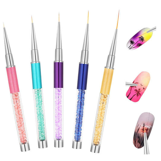 Nail Art Liner Brushes 5 Pcs Detail Nail Brushes Nail Art Design Painting Brush Nail Design Brush Pen Set with Crushed Diamond Rhinestones Handle for DIY Professional Design Dotting Tool