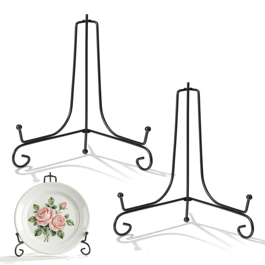Jxiwfvl 2 Pack Black Iron Plate Stands for Display, 8 Inch Decorative Metal Plate Holders Mini Solid Easel for Displaying Frames, Books, Cards, Plaques, Bowls, Pictures