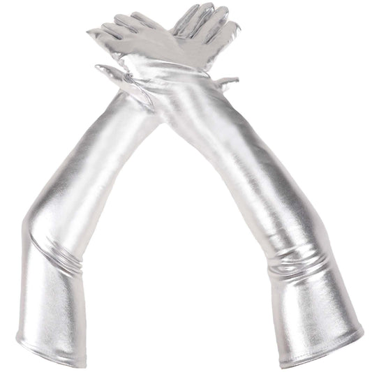 KALIONE Silver Gloves Silver Metallic Gloves, Women Long Gloves, Leather Sparking Women Gloves, Silver Shiny Long Gloves for Women, Women Long Cosplay Dress Finger Gloves(1 Pair)