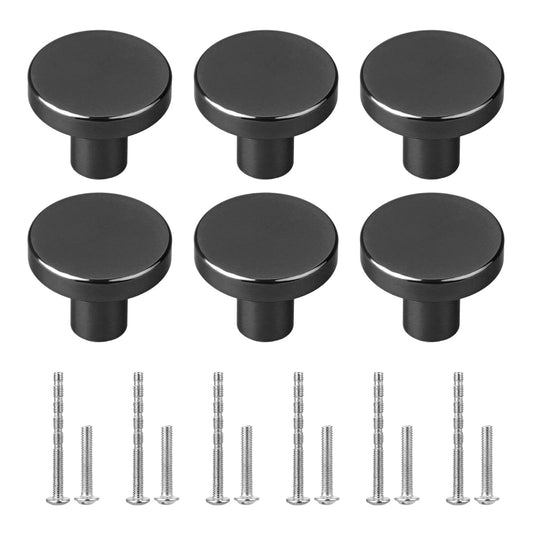 Black Cabinet Knobs, 6 Set 1” Matte Black Cupboard Pulls Single Hole Solid Round Aluminum Alloy Knobs Handles for Dresser Drawers Bathroom Closet Vanity Bifold Door Hardware Accessories with Screws