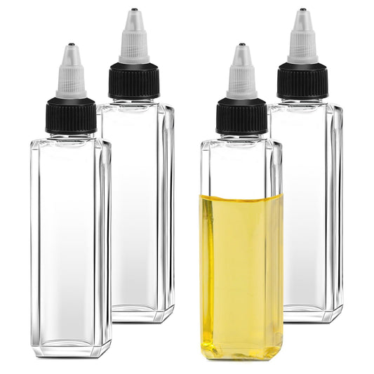 Mozeat Lens 4 Pcs Squeeze Condiment Bottles with Twist On Lids Clear Oil Dispenser Bottles 100ml Plastic Squirt Bottles Small Dispensing Bottles Multipurpose Bottles for Liquid Oil Soy Sauce Vinegar