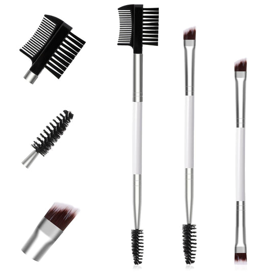 3 in 1 Dual Eyelash Brush, 3 Pcs Professional Angled Eyebrow Brush Eye Lash Comb Double-Ended Eyelash Comb Spoolie Brush Set Eye Makeup Tool Kit for Women (White)