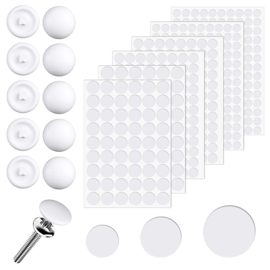 100 White Cover Caps for Screws and 580 Waterproof Stickers Screw Cover Self-Adhesive Self-Tapping Drill Hole Cover Caps Furniture Stickers for Wood, Various Furniture and Cabinets