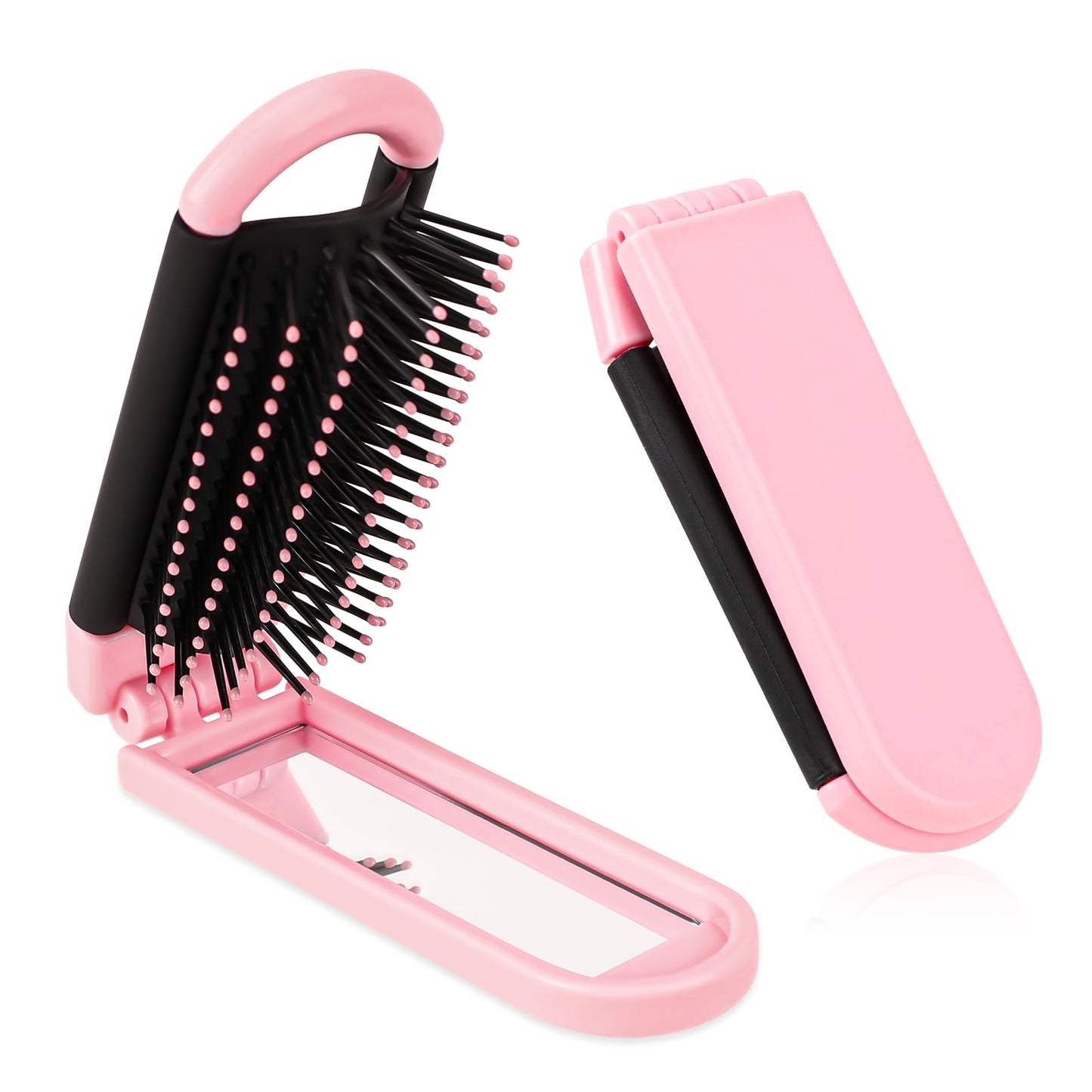 1 Pack Mini Travel Folding Hair Brush for Women, Collapsible Pocket Size Brush with Mirror and Ball Tips Nylon Bristle,Small Anti-static Comb Compact Hair Brush for Gym,Trip,Purse,Swimming (Pink)