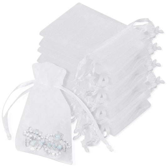 KALIONE 100 Packs Organza Bags, White Jewellery Bags, Small Drawstring Bag, Gift Bags for Presents, Sweet Bags, Party Favour Bags for Weddings Holiday Anniversaries Birthday Party Supplies