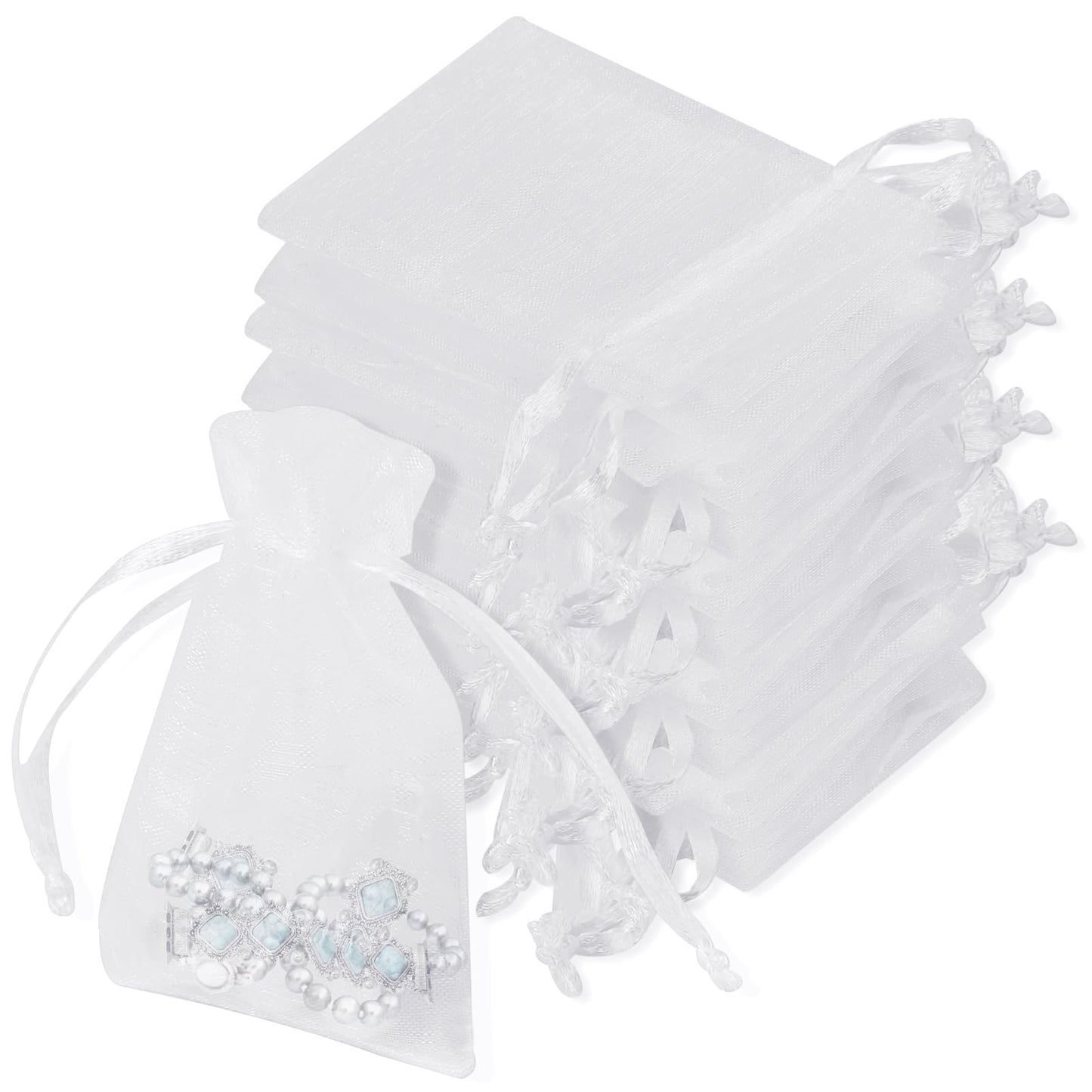 KALIONE 100 Packs Organza Bags, White Jewellery Bags, Small Drawstring Bag, Gift Bags for Presents, Sweet Bags, Party Favour Bags for Weddings Holiday Anniversaries Birthday Party Supplies